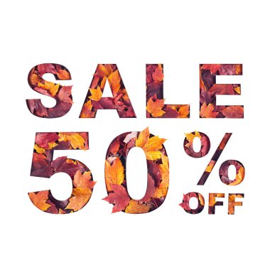  Kırmızı sonbahar akçaağaç yapraklarının dokusuyla dolu metin satışında yüzde 50 indirim var.