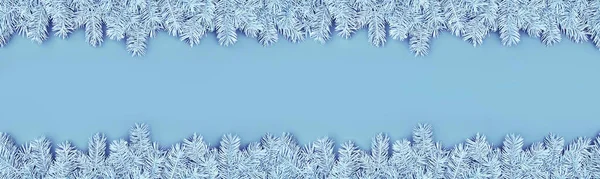 Banner de Navidad con bordes de ramas de abeto azul claro sobre fondo azul — Foto de Stock