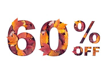  Kırmızı akçaağaç yapraklarının dokusuyla dolu% 60 indirimli metin.