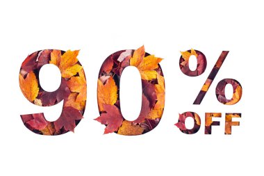  Kırmızı akçaağaç yapraklarının dokusuyla dolu% 90 indirimli metin.