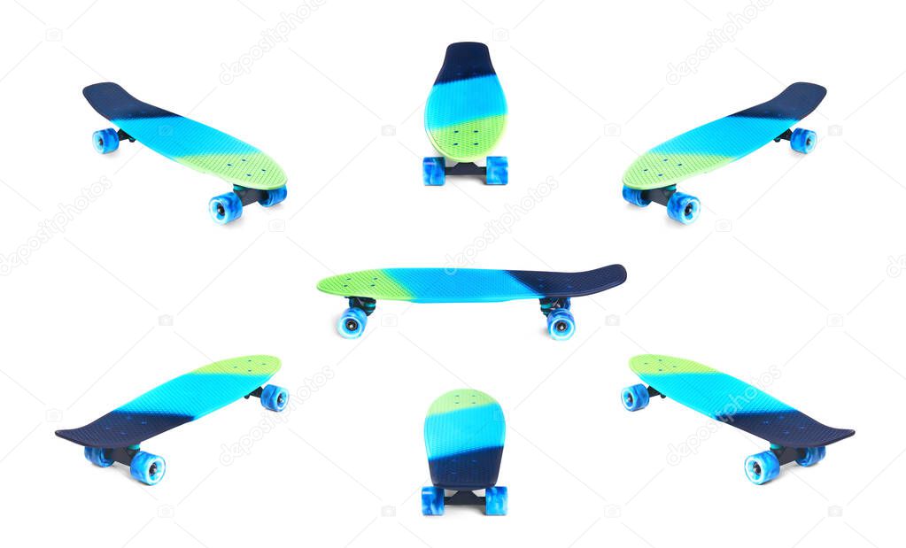 Set of rainbow plastic Penny board skateboard isolated on white