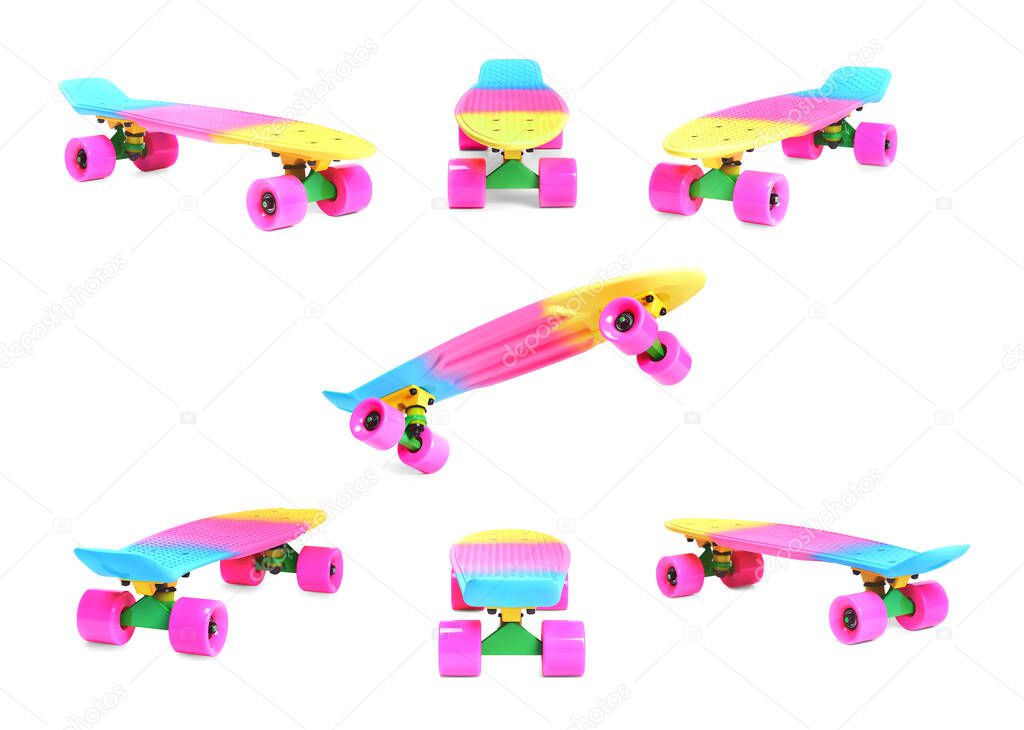 Set of rainbow plastic Penny board skateboard isolated on white