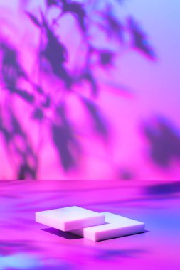 Pastel neon arkaplanda iki dikdörtgen beyaz podyum 
