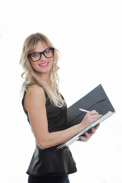 Mulher de negócios inteligente com caneta e arquivo . — Fotografia de Stock