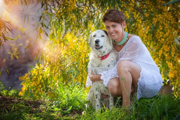 Family pet dog outdoors with female owner — Stock Photo, Image