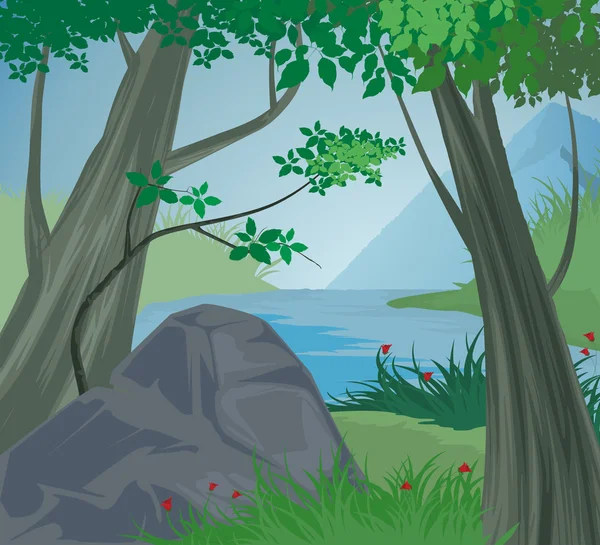 Bomen scène vector en berg rivier natuur landschap achtergrond — Stockvector