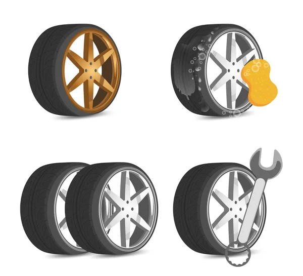 Juego de herramientas e iconos de reparación de ruedas — Vector de stock