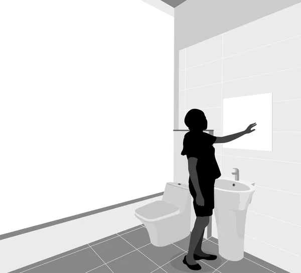 Vista previa del baño con silueta mujer joven — Vector de stock