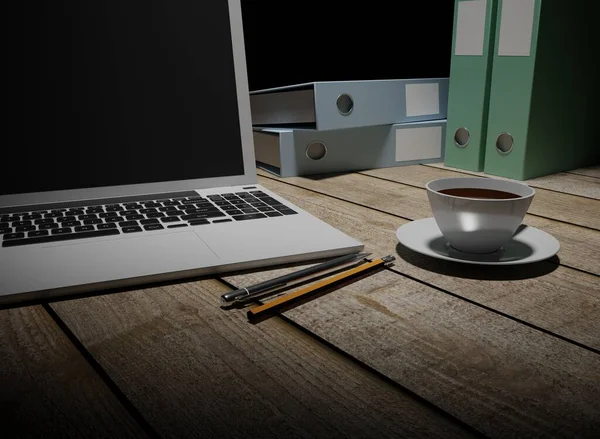 Notitieboek Met Een Kopje Koffie Houten Tafel Scene Rendering Zakelijke — Stockfoto