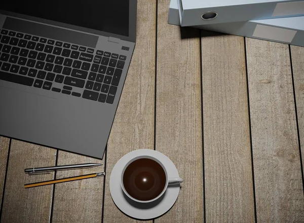 Notitieboek Koffie Houten Tafel Scene Rendering Werkplek Behang Achtergrond — Stockfoto