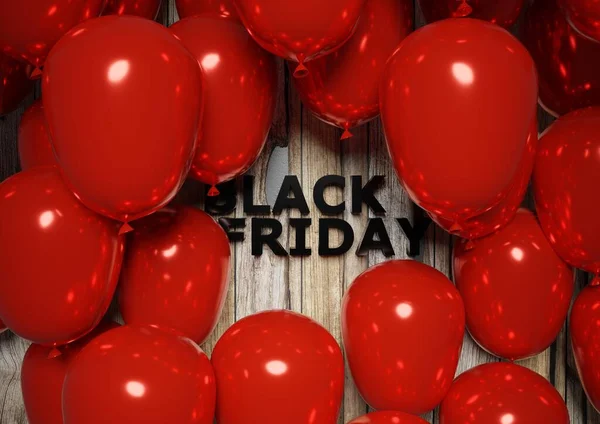 带有黑色星期五的红色气球在木景3D渲染墙纸背景 — 图库照片