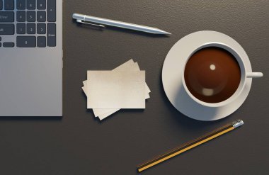 Masa başında fincan kahve olan bir kartvizit kağıdı. 3D, duvar kağıtları hazırlıyor.