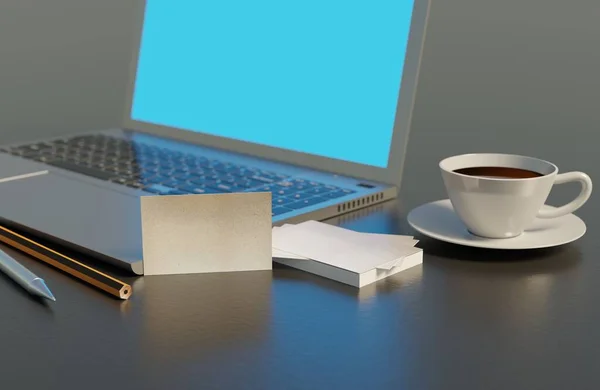 Visitekaartje Papier Met Een Kopje Koffie Laptop Bureau Scene Rendering — Stockfoto