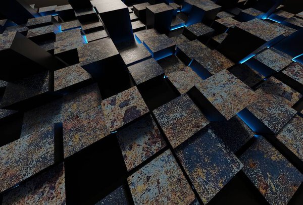 Steel rusty cubes with lighting neon in dark scene 3D rendering abstract wallpaper backgrounds