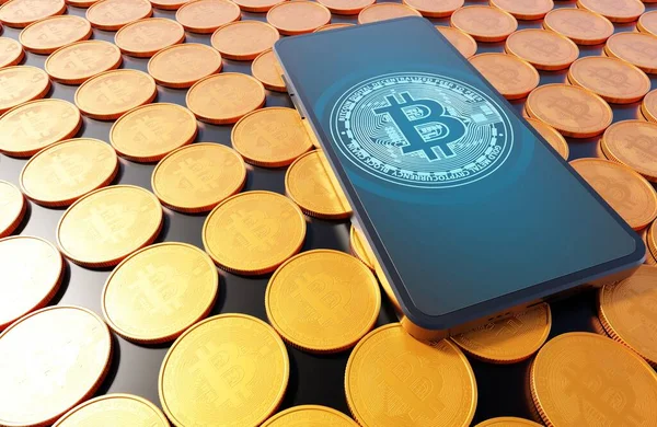 Bitcoin Handel Med Smarttelefon Konseptet Gjengivelse Forretningstabelpapir – stockfoto