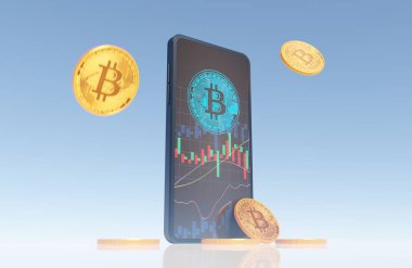 Smartphone ve ticaret bitcoin kripto modern ticaret sahnesi 3D iş engelleme duvar kağıdı arka planlar