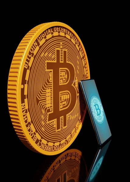 Lukk Bitcoin Kryptovaluta Smarttelefon Svart Tapetbakgrunn – stockfoto