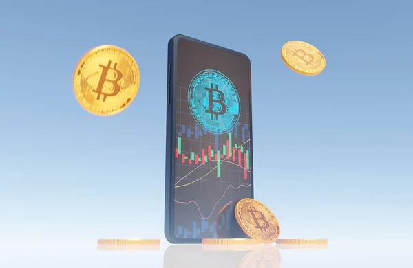 Smarttelefon Handel Med Bitcoin Kryptovaluta Moderne Handelsscene Rendering Business Blockchain – stockfoto