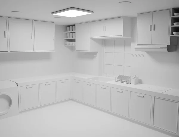 Cucina Bianca Scena Camera Moderna Rendering Interni Sfondi Carta Parati — Foto Stock