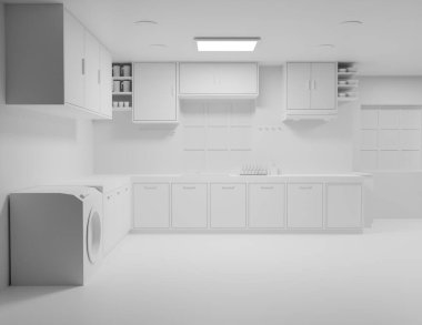 Mutfak odasının 3D görüntüsü. İç duvar kağıdı arka planı.