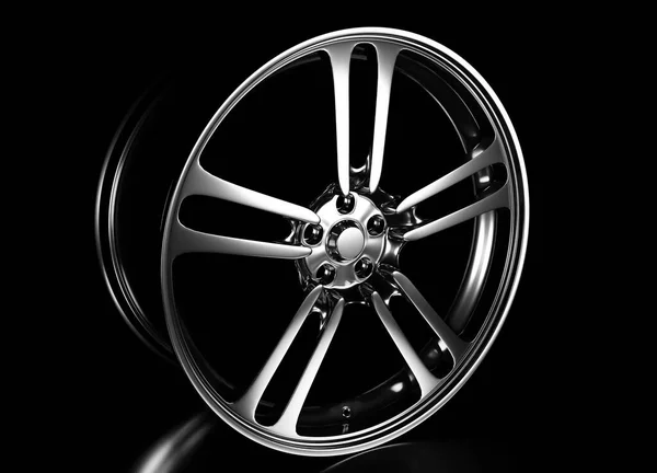 黑色场景中光滑的银色轮毂3D渲染汽车零部件壁纸背景 — 图库照片