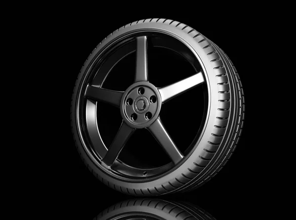带轮胎的光滑银色跑车轮缘黑景3D渲染汽车配件墙纸背景 — 图库照片