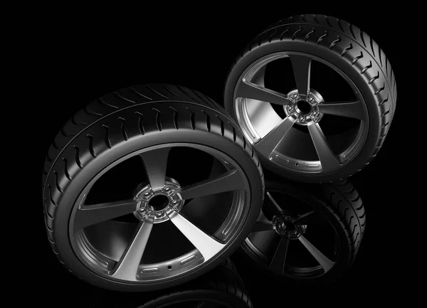 带轮毂的运动轮胎在黑幕3D渲染工业壁纸背景 — 图库照片