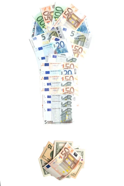 Znak wykrzyknika banknotów Euro. — Zdjęcie stockowe