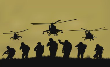 İllüstrasyon, saldıracak askerler ve helikopterler.