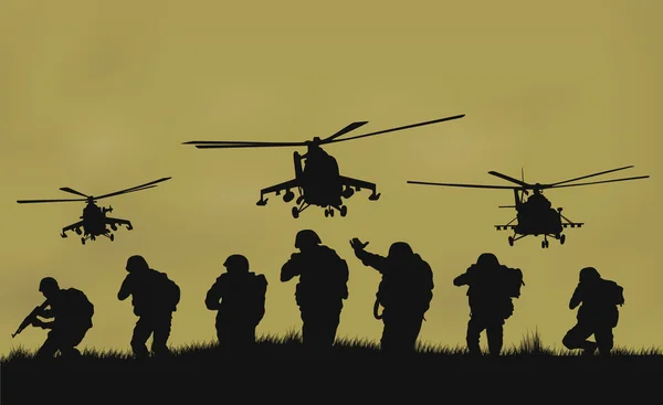İllüstrasyon, saldıracak askerler ve helikopterler. — Stok Vektör