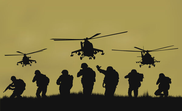 Illustration, the soldiers going to attack and helicopters.