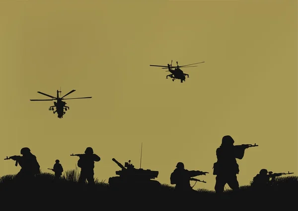 Ilustração, os soldados vão atacar e helicópteros . — Vetor de Stock