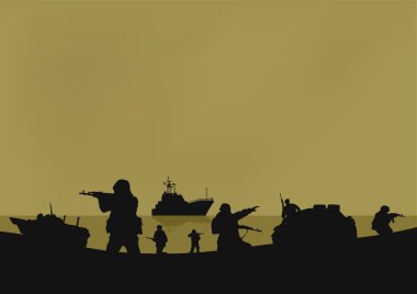 İllüstrasyon, saldıracak askerler ve helikopterler.