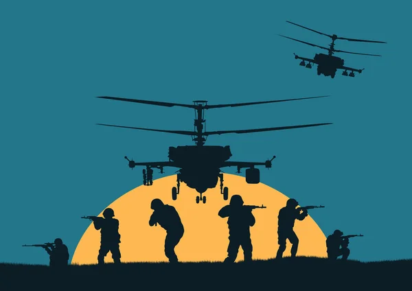 Εικονογράφηση, οι στρατιώτες θα επιτεθούν και ελικόπτερα. — Διανυσματικό Αρχείο