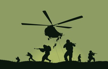 İllüstrasyon, saldıracak askerler ve helikopterler.