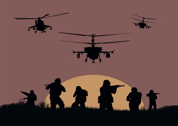 Illustration, the soldiers going to attack and helicopters. — Stock Vector