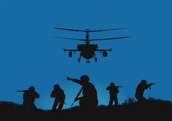 Illustratie, de soldaten gaan om aan te vallen en helikopters. — Stockvector