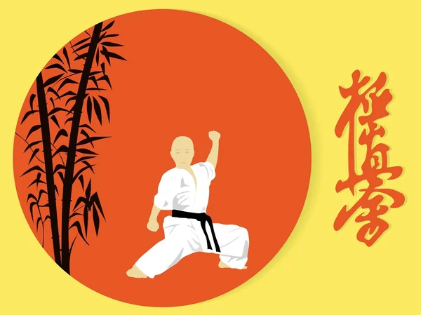 Ilustracja chłopca zaangażowanych w karate na czerwonym tle. — Wektor stockowy