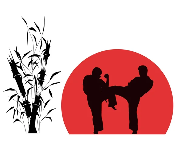 Ilustración, de dos hombres dedicados al karate sobre fondo rojo — Vector de stock