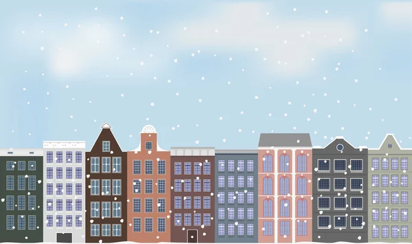 Illustrazione, vecchia città europea e neve . — Vettoriale Stock