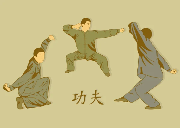 Três homens representam Kung Fu, em um fundo verde . — Vetor de Stock