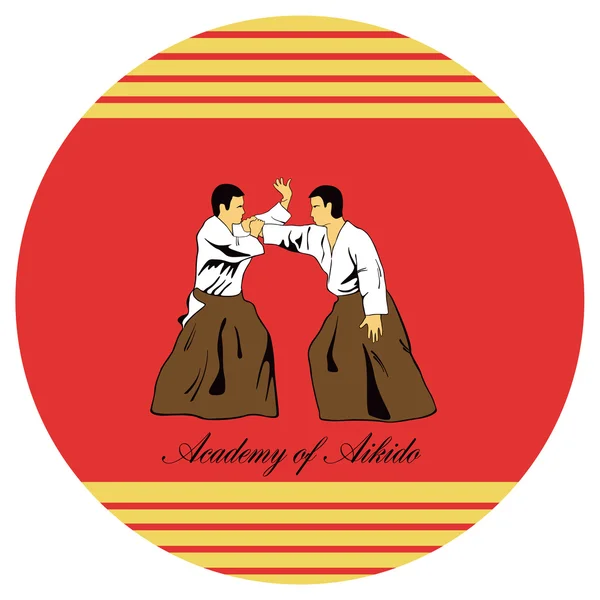 Emblème de l'aikido, deux hommes sont occupés sur un fond rouge . — Image vectorielle