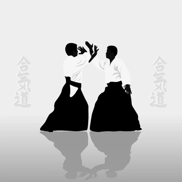 The two men engaged in Aikido on a light background. — Stock Vector