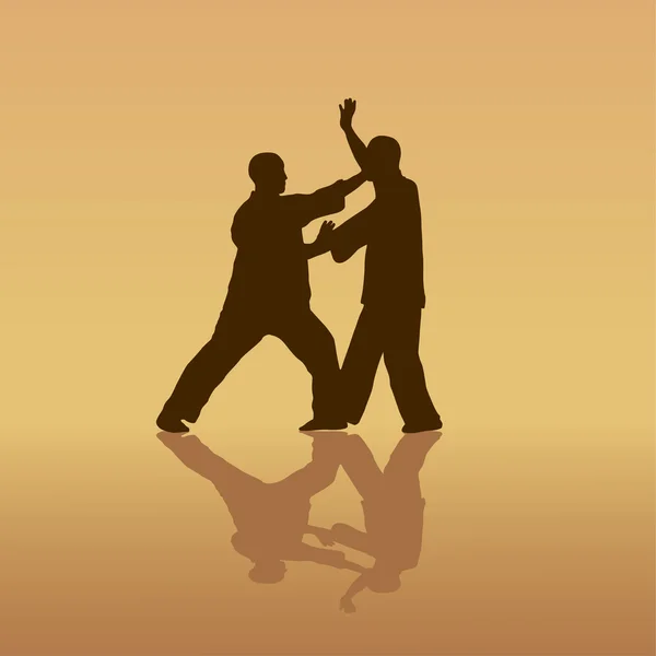 Dos hombres se dedican al Kung fu sobre un fondo amarillo. . — Vector de stock