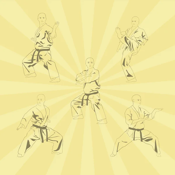 Bilden av fem män som är engagerade i karate. — Stock vektor