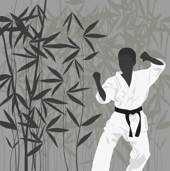 De jongen houdt zich bezig met karate op een lichte achtergrond. — Stockvector