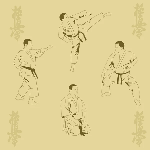 Four men show karate. — Stock Vector