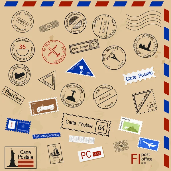 Conjunto de vários selos de post, marcas, cupons . — Vetor de Stock