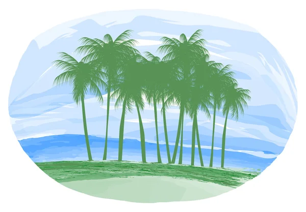 Okyanus illüstrasyon, ada ve palmiye ağaçları. — Stok Vektör