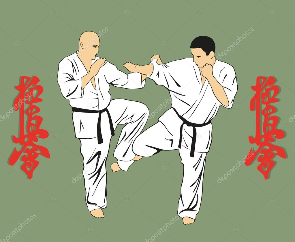 Men are engaged karate, an illustration against hieroglyphs.